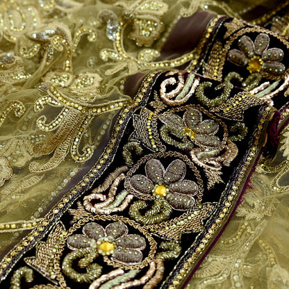 Indian Pre-owned Sari Olive Green Net/Mesh Hand Embroidered Anamika Khanna Designer Sarees Ethnic 6Yd Sewing  Zardozi, Zari Wedding Sarees