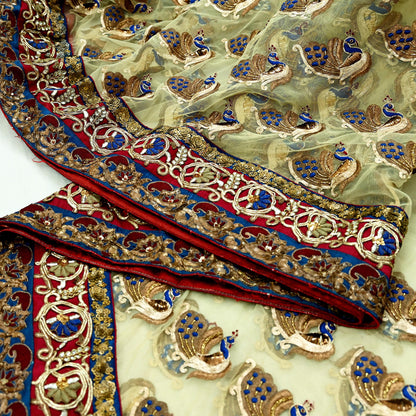 Indian Pre-owned Sari Ivory Net/Mesh Hand Embroidered Anamika Khanna Designer Sarees Ethnic 6Yd Sewing  Zardozi, Zari Wedding Sarees