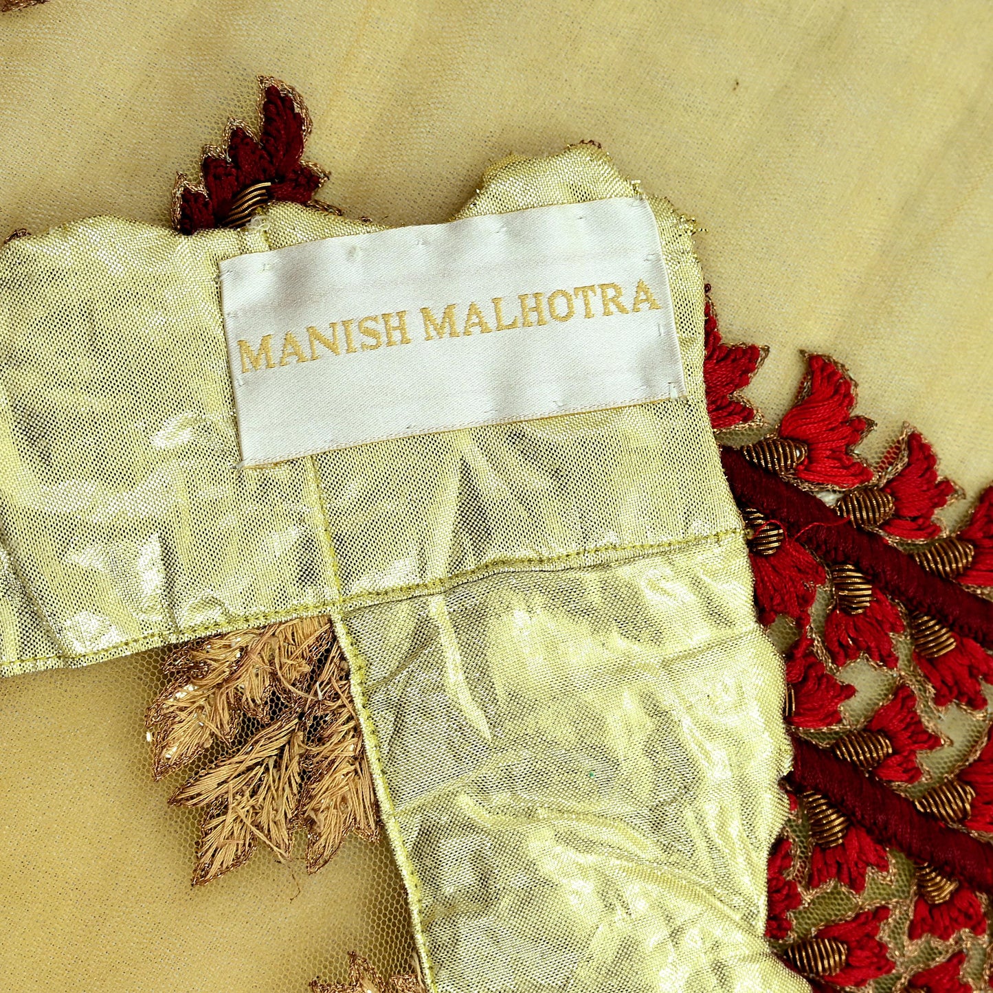 Indian Pre-Owned Sari Mustard Net/Mesh Hand Embroidered Designer Manish Malhotra Sarees 6Yd Ethnic Zardozi/Dabka Zari Wedding Saree