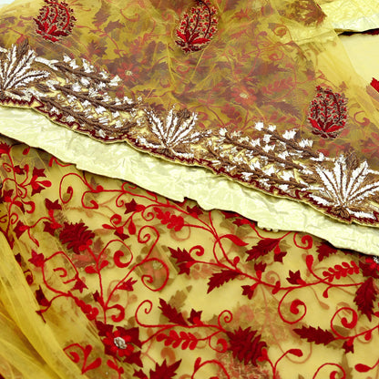 Indian Pre-Owned Sari Mustard Net/Mesh Hand Embroidered Designer Manish Malhotra Sarees 6Yd Ethnic Zardozi/Dabka Zari Wedding Saree