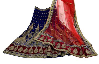 Indian Pre-owned Heavy Wedding Red & Blue Net/Mesh/ Velvet Hand Embroidered Lehenga/Dupatta Designer By Sabyasachi Zardozi Bridal Wear