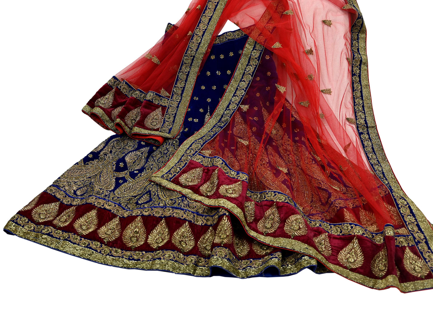 Indian Pre-owned Heavy Wedding Red & Blue Net/Mesh/ Velvet Hand Embroidered Lehenga/Dupatta Designer By Sabyasachi Zardozi Bridal Wear