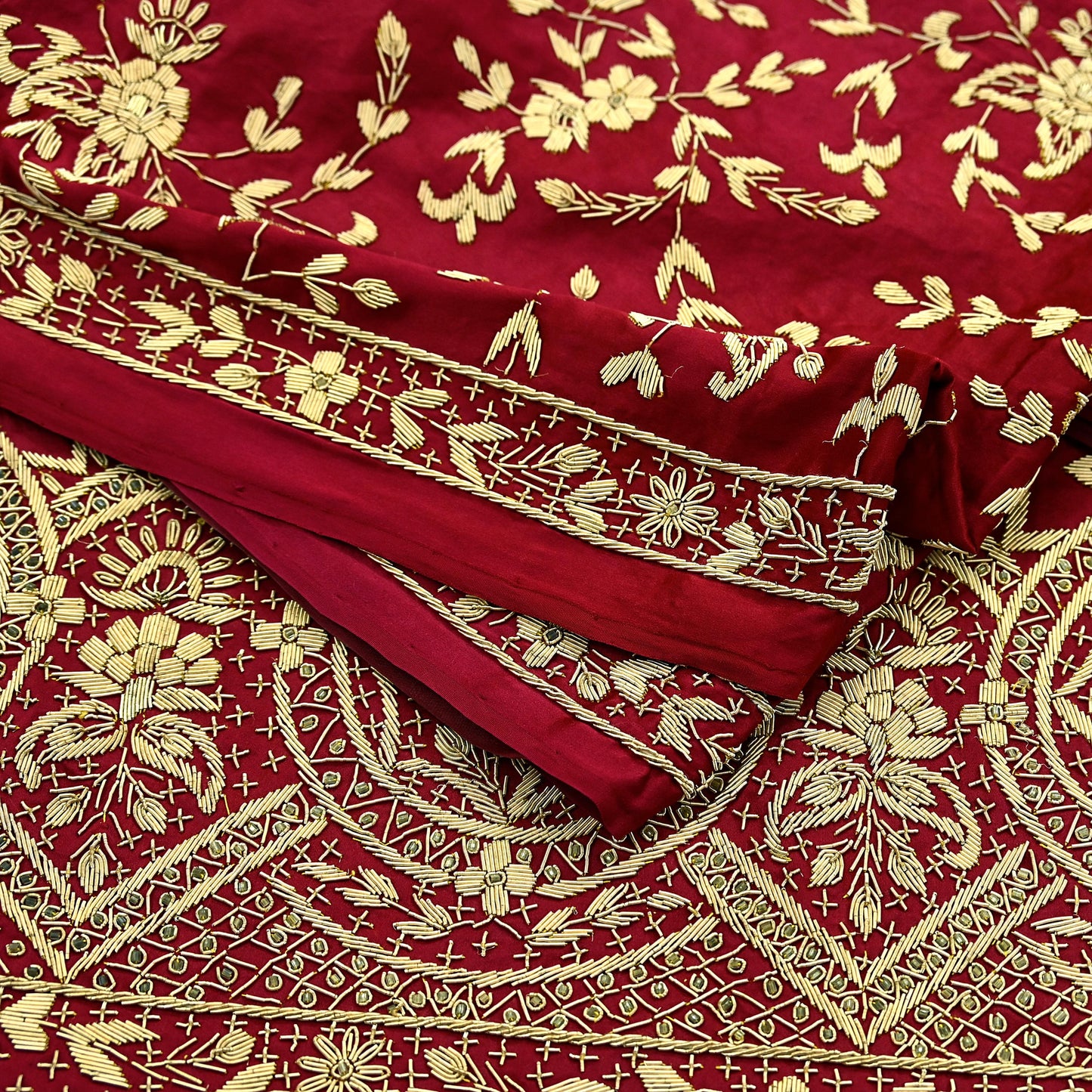 Indian Vintage Heavy Wedding Maroon Dupatta Pure Satin Silk Long Stole Hand Embroidered Scarves Golden Zardozi Stole Fringes Bridal veil