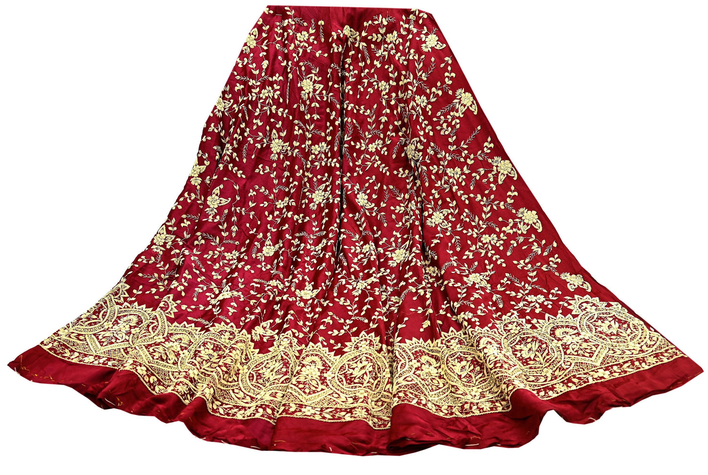 Indian Vintage Heavy Wedding Maroon Unstitched skirt Pure Satin Silk Hand Embroidered Lehenga Bridal wear Ethnic Skirt