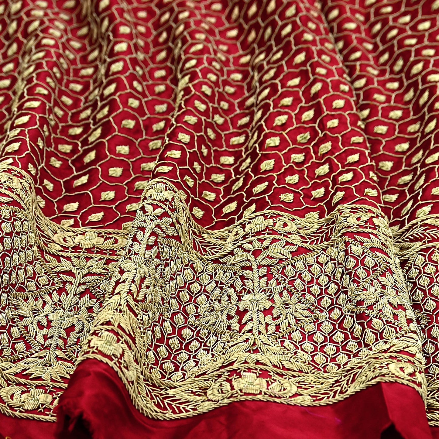 Indian Vintage Heavy Wedding Red Unstitched skirt/ Lehenga Pure Satin Silk Hand Embroidered Bridal wear Ethnic Skirt