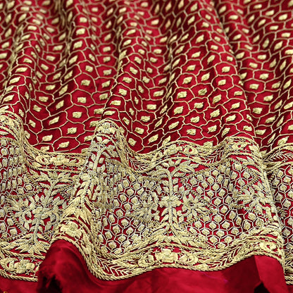 Indian Vintage Heavy Wedding Red Unstitched skirt/ Lehenga Pure Satin Silk Hand Embroidered Bridal wear Ethnic Skirt