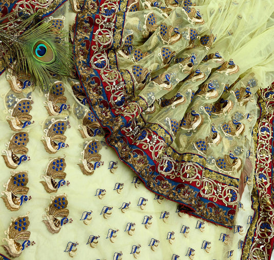 Indian Pre-owned Sari Ivory Net/Mesh Hand Embroidered Anamika Khanna Designer Sarees Ethnic 6Yd Sewing  Zardozi, Zari Wedding Sarees