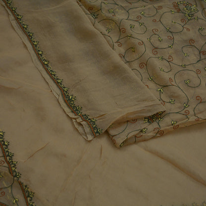 Indian Vintage Beige Dupatta Pure Chiffon silk Long Stole Hand Embroidered Scarves Floral Design Stole Veil Wrap Zardozi/ Dabka