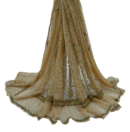 Indian Vintage Beige Dupatta Pure Chiffon silk Long Stole Hand Embroidered Scarves Floral Design Stole Veil Wrap Zardozi/ Dabka