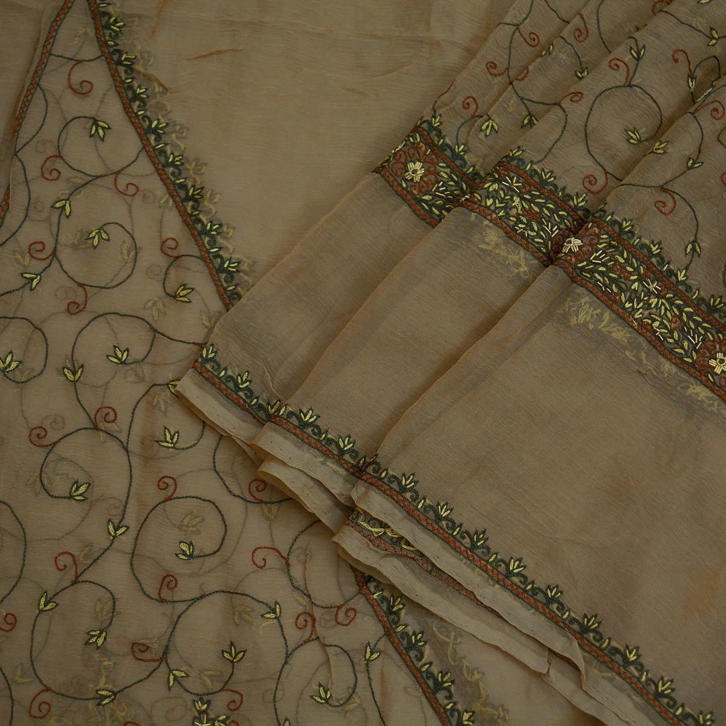 Indian Vintage Beige Dupatta Pure Chiffon silk Long Stole Hand Embroidered Scarves Floral Design Stole Veil Wrap Zardozi/ Dabka