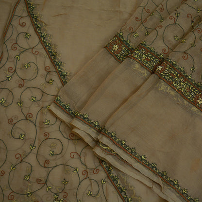 Indian Vintage Beige Dupatta Pure Chiffon silk Long Stole Hand Embroidered Scarves Floral Design Stole Veil Wrap Zardozi/ Dabka