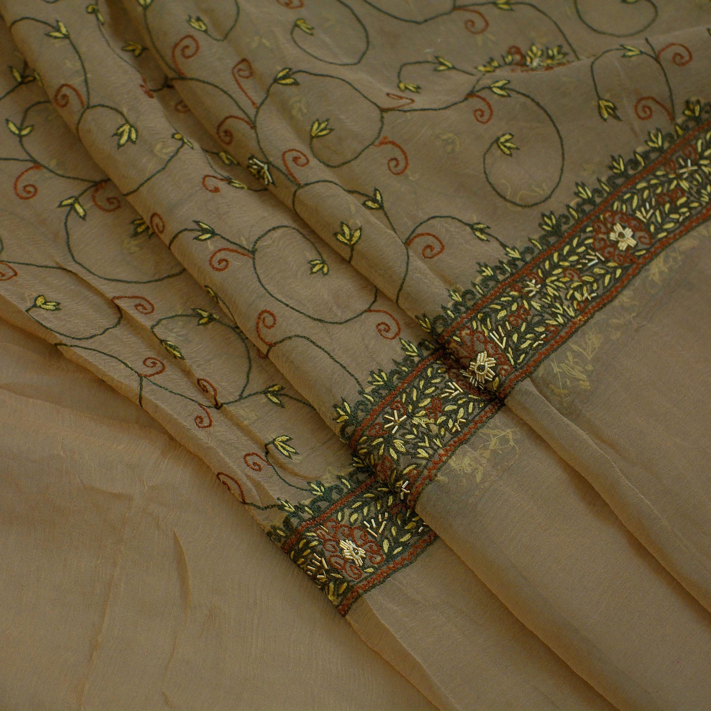 Indian Vintage Beige Dupatta Pure Chiffon silk Long Stole Hand Embroidered Scarves Floral Design Stole Veil Wrap Zardozi/ Dabka