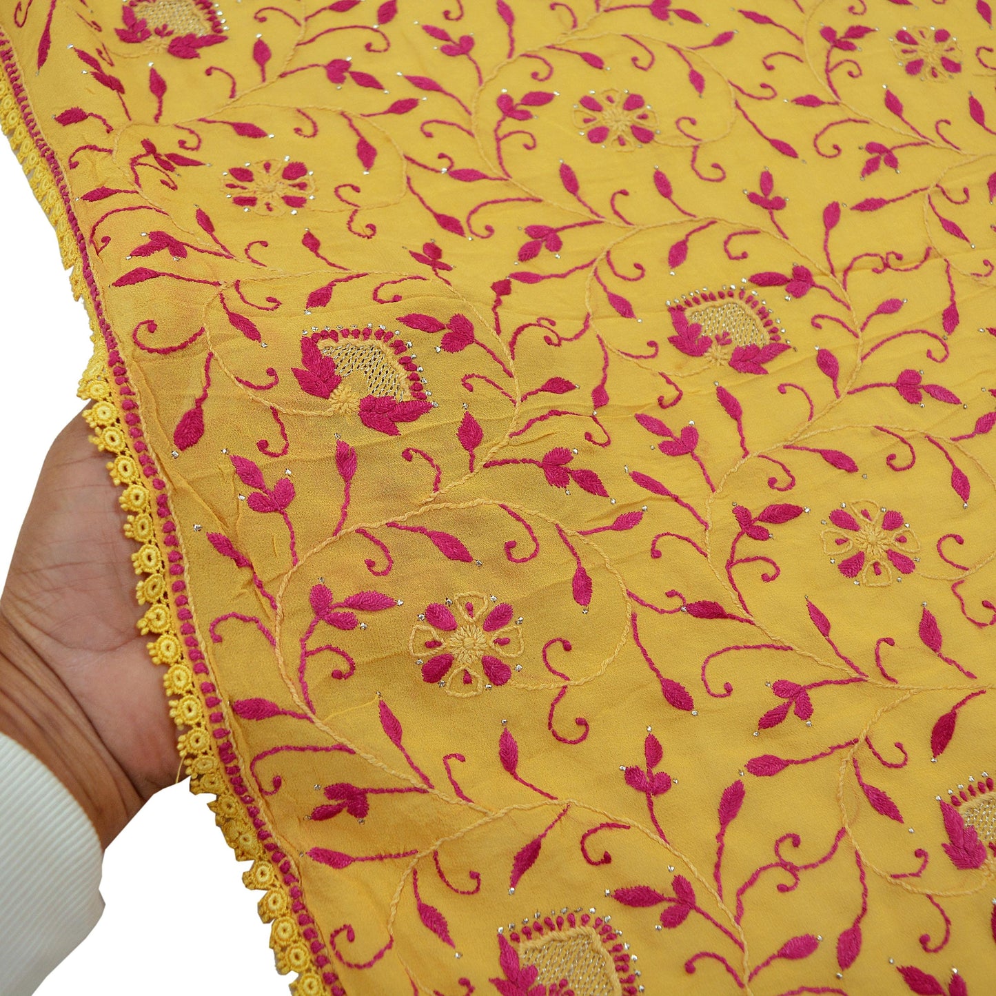 Indian Vintage Yellow Dupatta Pure Georgette silk Long Stole Hand Embroidered Mukesh work Scarves Veil Scarf