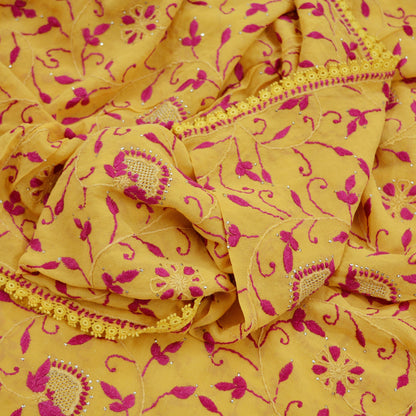 Indian Vintage Yellow Dupatta Pure Georgette silk Long Stole Hand Embroidered Mukesh work Scarves Veil Scarf