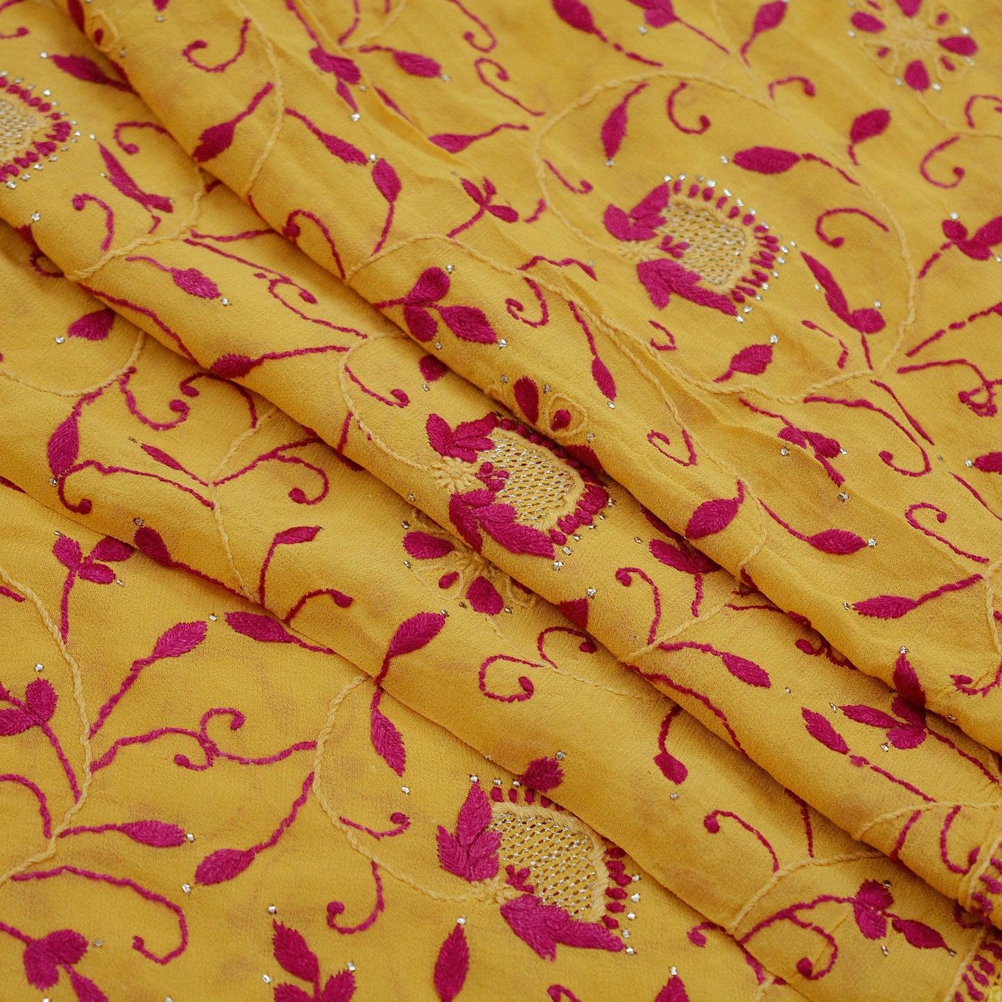 Indian Vintage Yellow Dupatta Pure Georgette silk Long Stole Hand Embroidered Mukesh work Scarves Veil Scarf