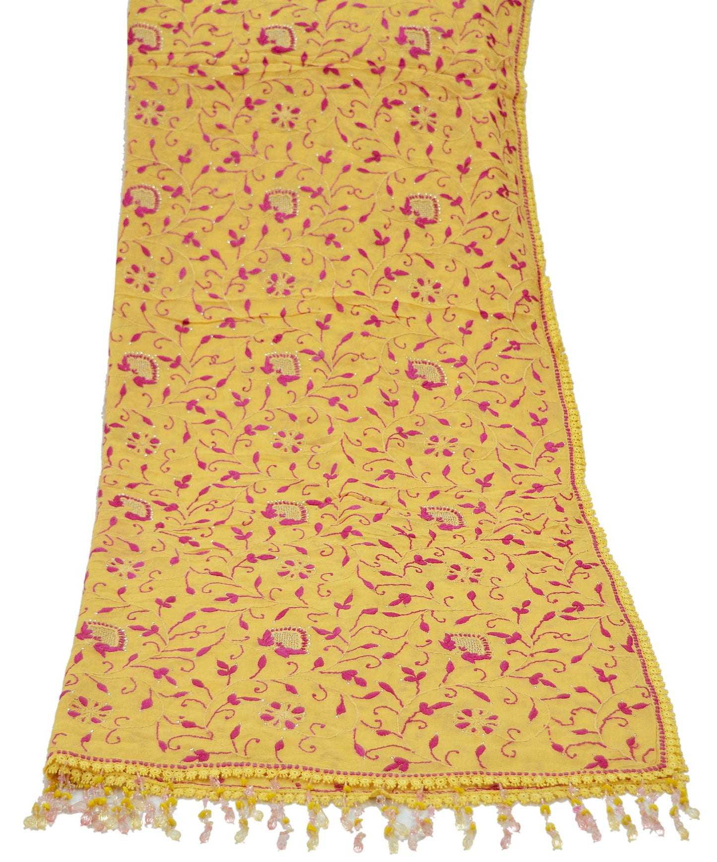 Indian Vintage Yellow Dupatta Pure Georgette silk Long Stole Hand Embroidered Mukesh work Scarves Veil Scarf