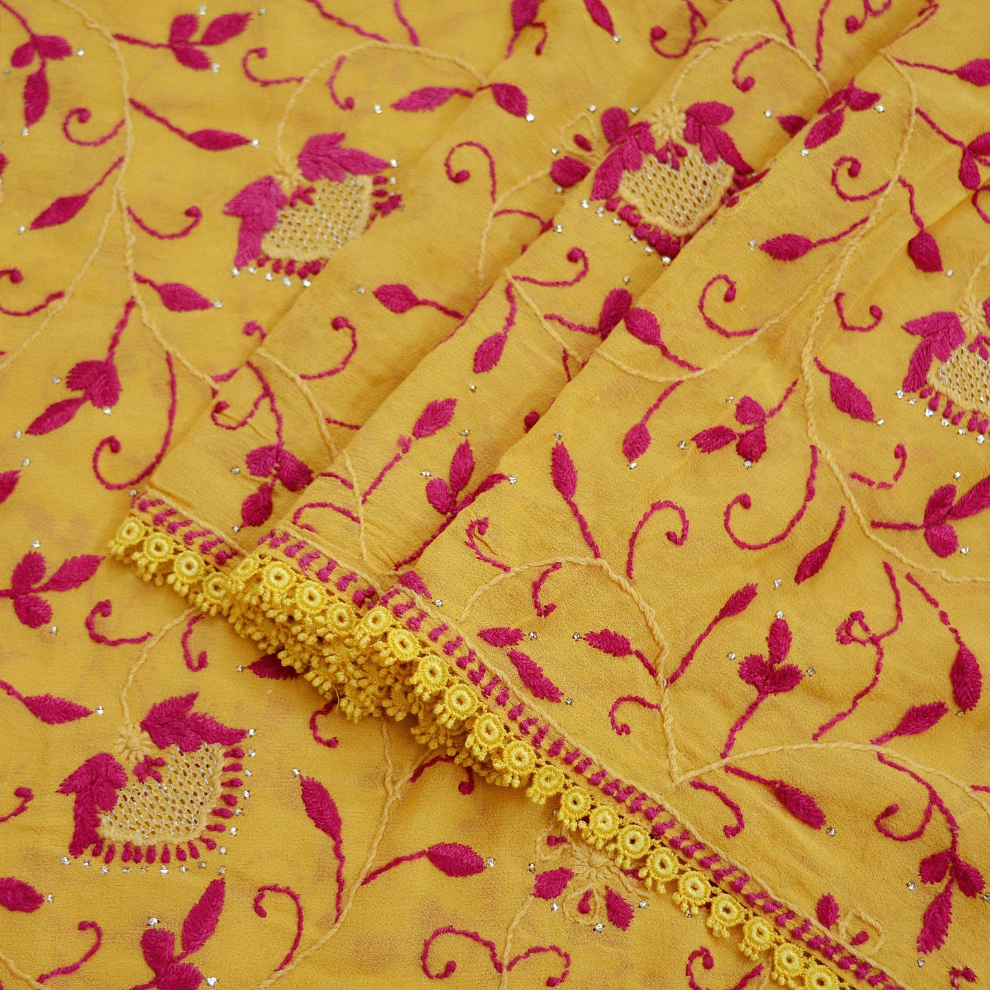 Indian Vintage Yellow Dupatta Pure Georgette silk Long Stole Hand Embroidered Mukesh work Scarves Veil Scarf