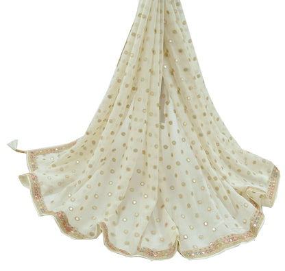 Indian Vintage Ivory Dupatta Pure Georgette silk Long Stole Hand Embroidered Scarves Stole Veil Wrap Sequins