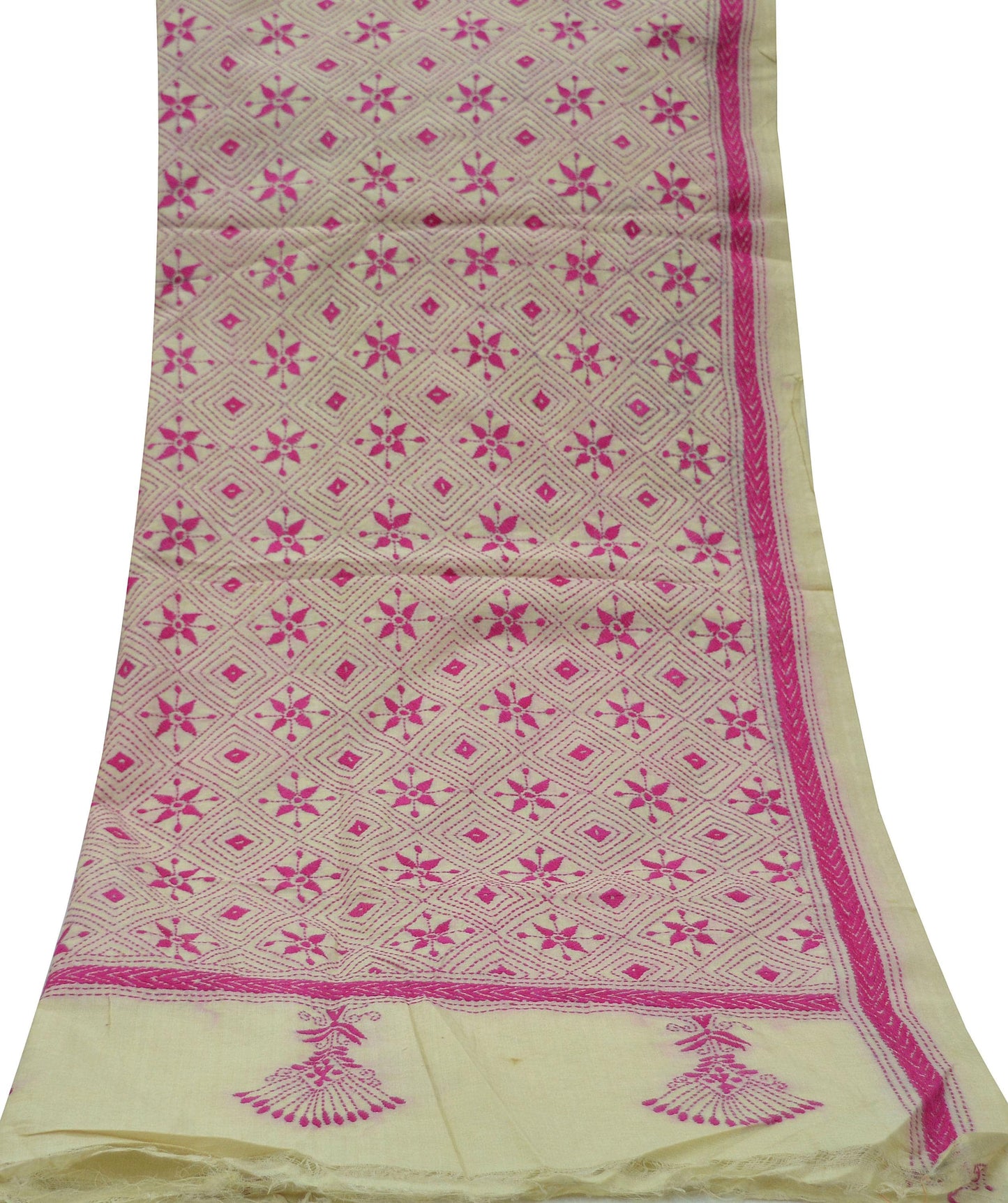 Indian Vintage Dupatta Ivory Long Stole Pure Silk Hand Embroidered Kantha Scarves Veil Scarf Wrap For Women's