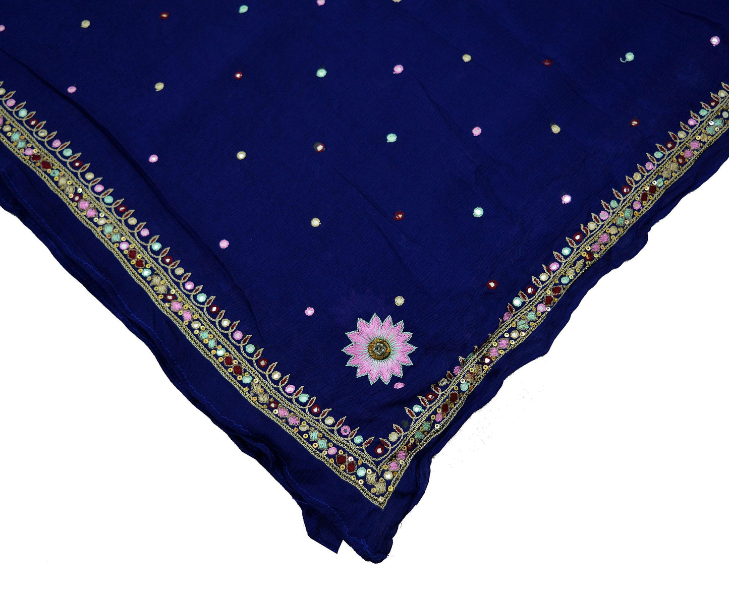 Indian Vintage Blue Dupatta Pure silk Long Stole Hand Embroidered Scarves Floral Stole Veil Wrap