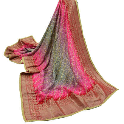 Women Indian Vintage Dupatta Red & Pink Long Stole Blend Silk Woven Bandhani Veil Scarves soft Boho Wrap Bridal/ Wedding Hijab