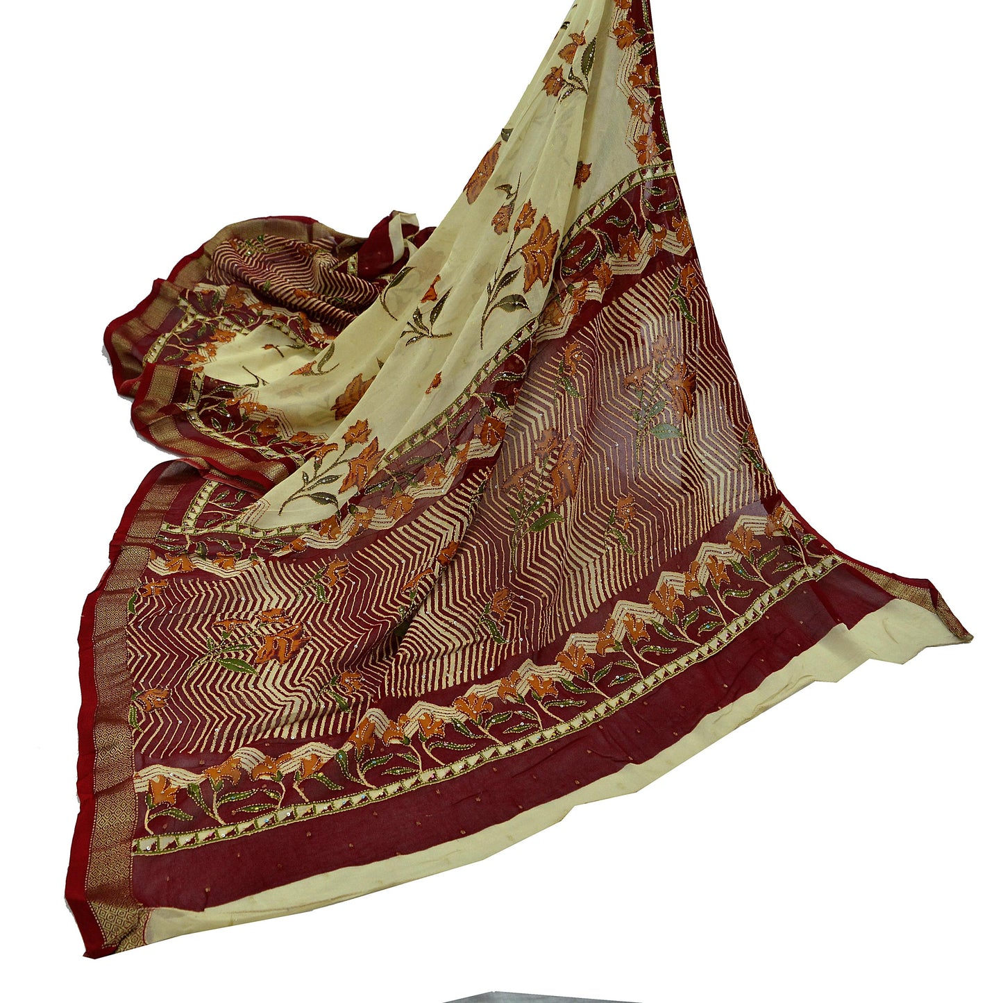 Indian Vintage Dupatta Long Stole Hand Embroidered kantha stole Blend Cotton Scarves Veil Wrap Soft Floral Sequins