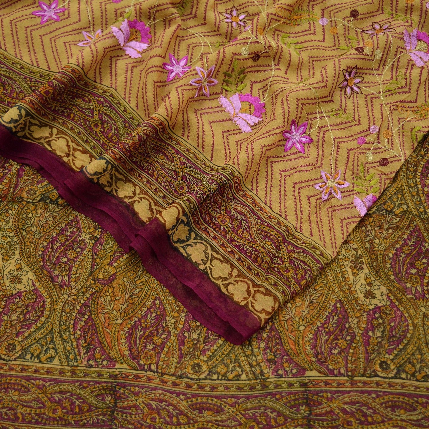 Indian Vintage Dupatta Purple & Beige Long Stole Hand Beaded Printed Pure Georgette Silk Indian Scarves Veil Wrap Soft Floral