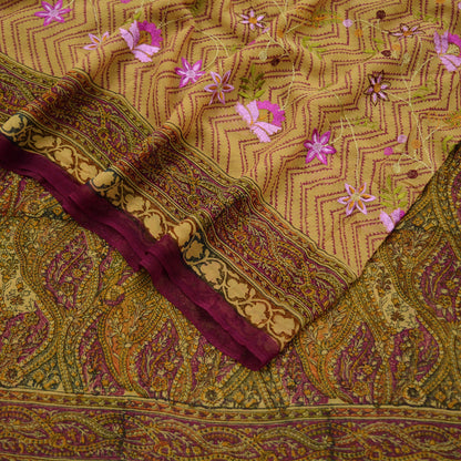 Indian Vintage Dupatta Purple & Beige Long Stole Hand Beaded Printed Pure Georgette Silk Indian Scarves Veil Wrap Soft Floral