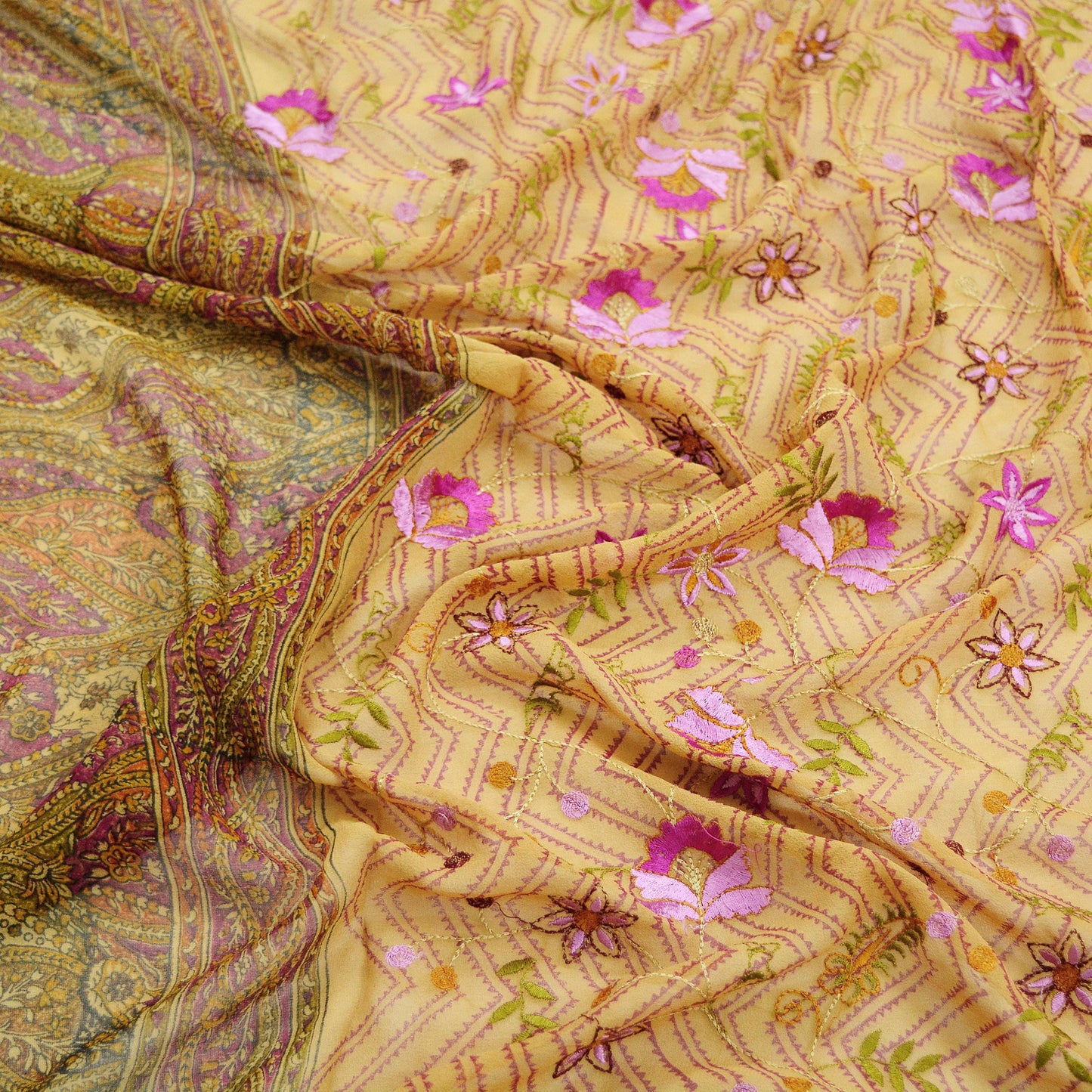 Indian Vintage Dupatta Purple & Beige Long Stole Hand Beaded Printed Pure Georgette Silk Indian Scarves Veil Wrap Soft Floral