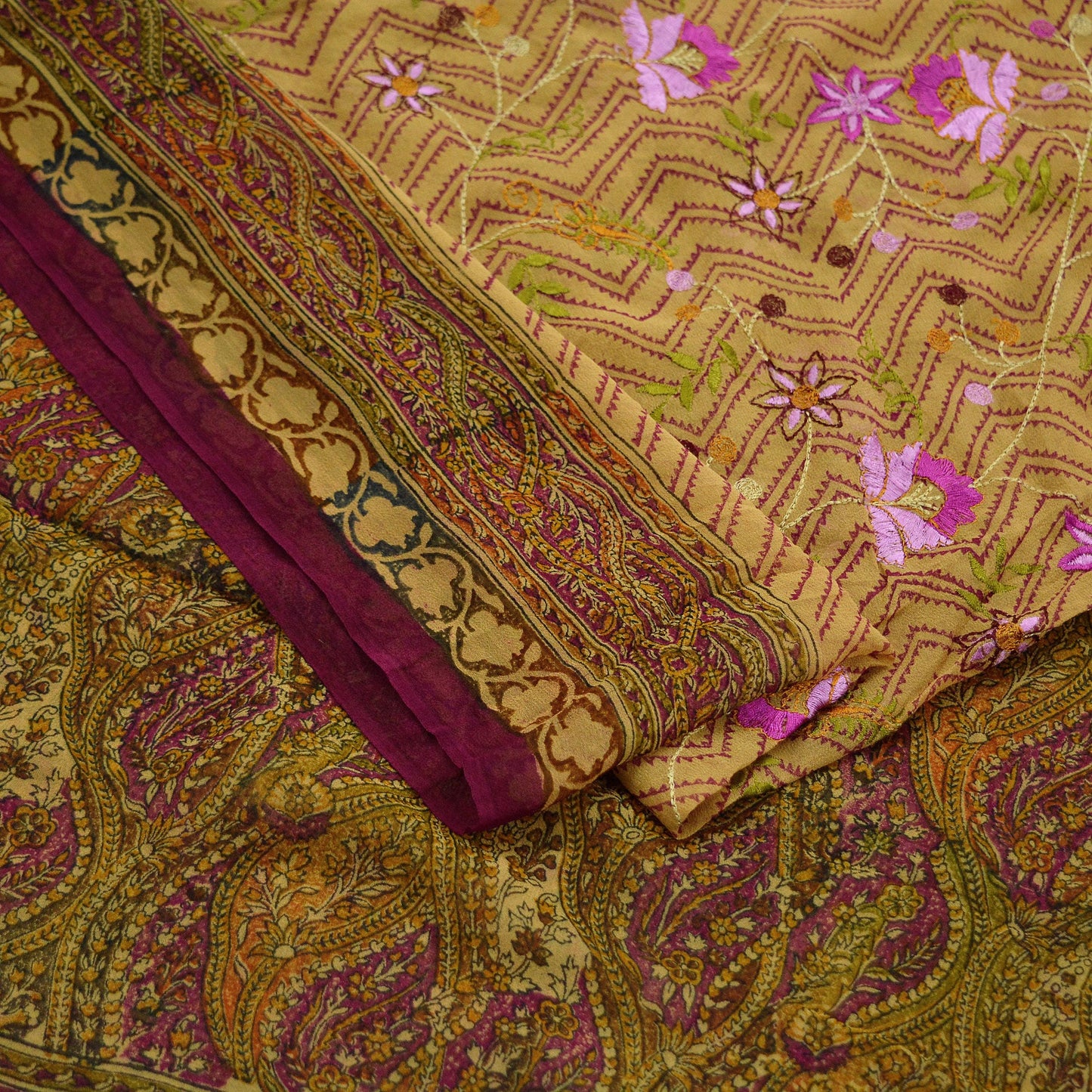 Indian Vintage Dupatta Purple & Beige Long Stole Hand Beaded Printed Pure Georgette Silk Indian Scarves Veil Wrap Soft Floral