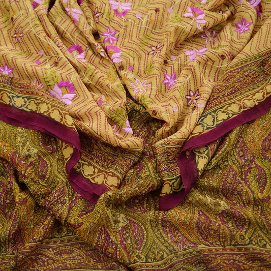 Indian Vintage Dupatta Purple & Beige Long Stole Hand Beaded Printed Pure Georgette Silk Indian Scarves Veil Wrap Soft Floral