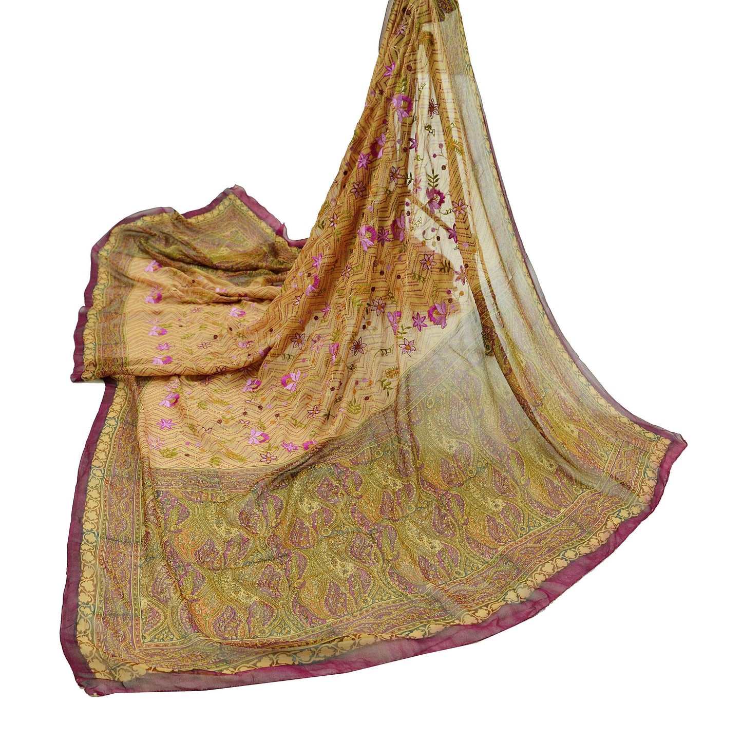 Indian Vintage Dupatta Purple & Beige Long Stole Hand Beaded Printed Pure Georgette Silk Indian Scarves Veil Wrap Soft Floral