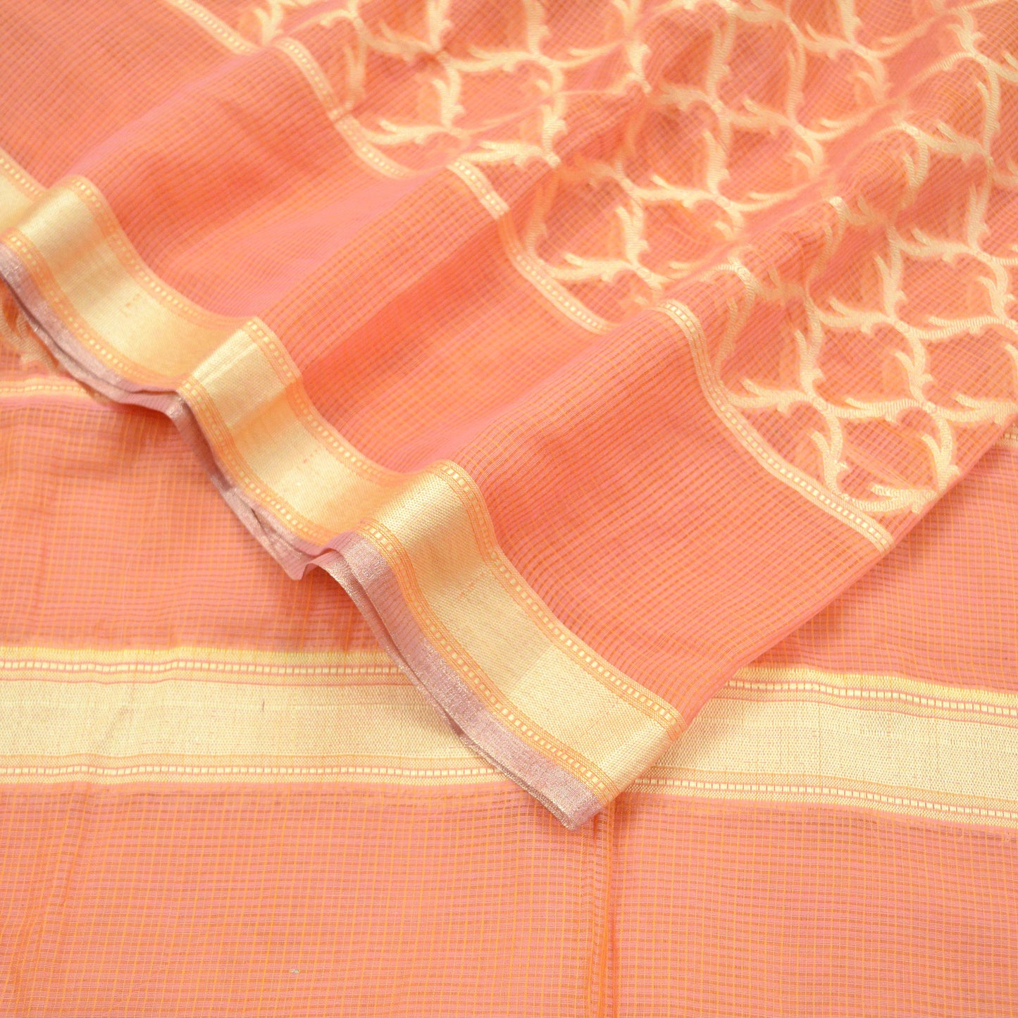 Indian Vintage Dupatta Peach Organza Long Stole Woven Scarves Veil Zari Soft Floral Design