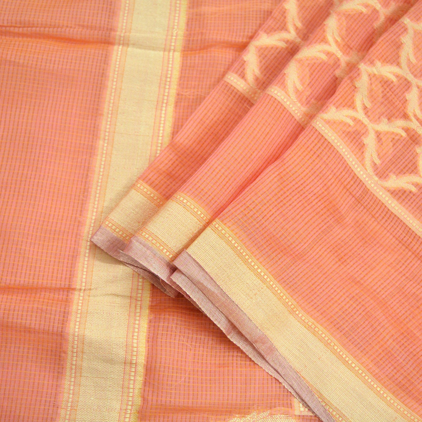 Indian Vintage Dupatta Peach Organza Long Stole Woven Scarves Veil Zari Soft Floral Design
