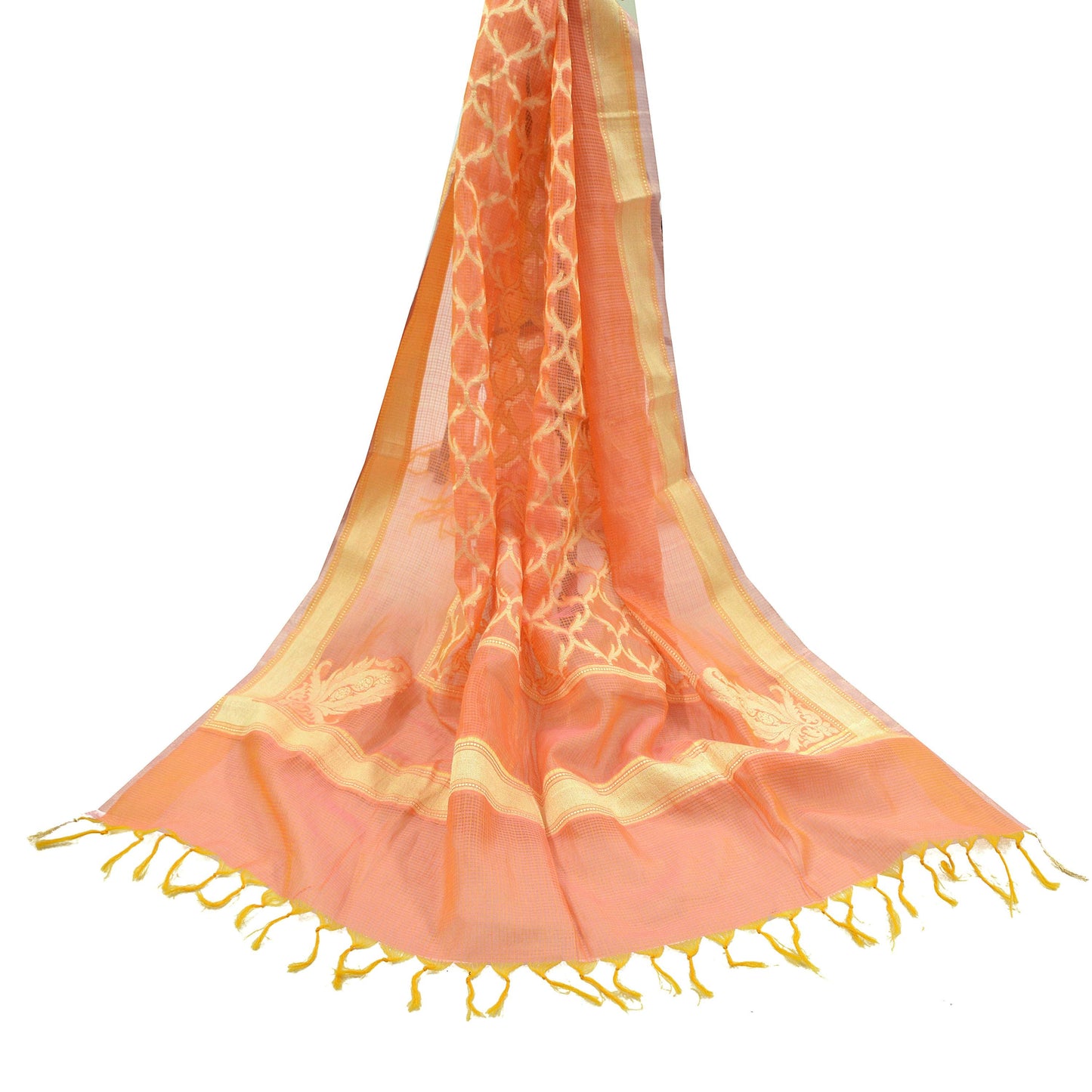 Indian Vintage Dupatta Peach Organza Long Stole Woven Scarves Veil Zari Soft Floral Design