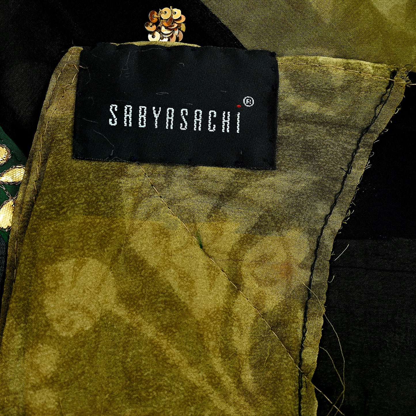 Indian Pre-owned Heavy Sari Black & Green Pure Georgette Silk Hand Embroidered Sarees Designer Sabyasachi 6Yd Sewing Ethnic Sarees
