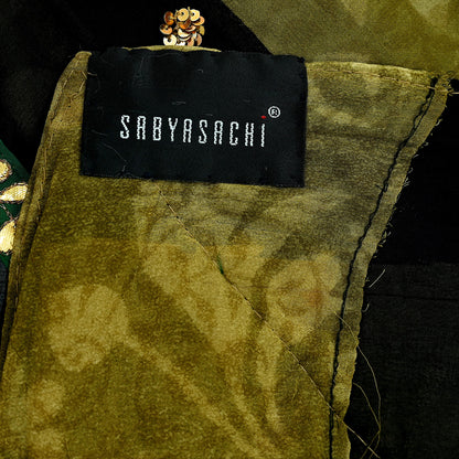Indian Pre-owned Heavy Sari Black & Green Pure Georgette Silk Hand Embroidered Sarees Designer Sabyasachi 6Yd Sewing Ethnic Sarees