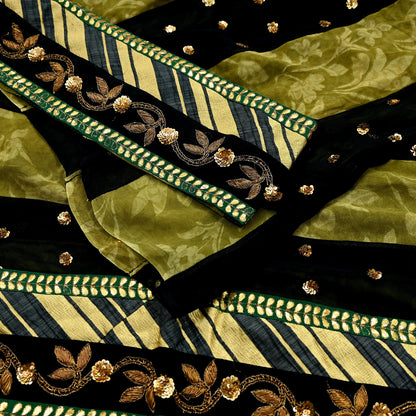 Indian Pre-owned Heavy Sari Black & Green Pure Georgette Silk Hand Embroidered Sarees Designer Sabyasachi 6Yd Sewing Ethnic Sarees