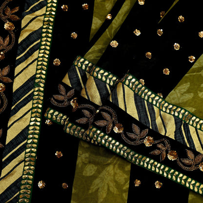 Indian Pre-owned Heavy Sari Black & Green Pure Georgette Silk Hand Embroidered Sarees Designer Sabyasachi 6Yd Sewing Ethnic Sarees