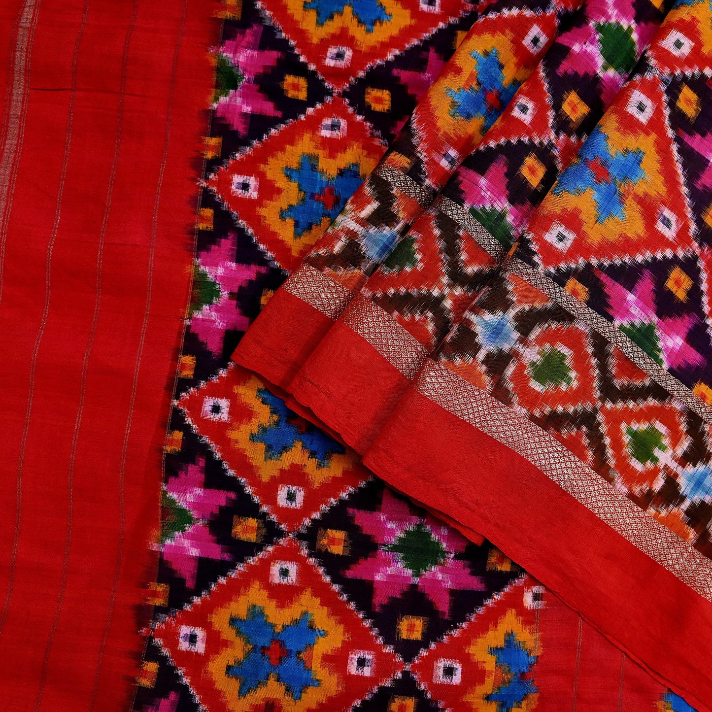 Indian Antique Vintage Red  Sari Hand Woven Double Ikat Patola Sarees 100% Pure Silk Craft Fabric 5Yd Dress Making Sewing For wearing