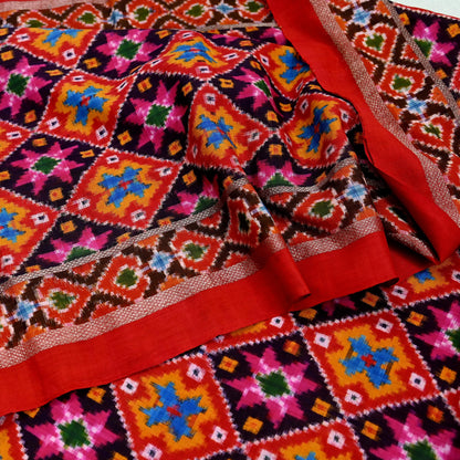 Indian Antique Vintage Red  Sari Hand Woven Double Ikat Patola Sarees 100% Pure Silk Craft Fabric 5Yd Dress Making Sewing For wearing