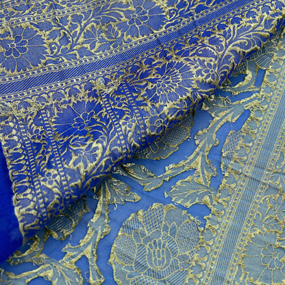 Vintage Heavy Blue Sarees Pure Georgette Silk Hand Woven Sari Craft Fabric 5Yd Sewing Soft Ethnic Zari Dress Making Wedding Sari