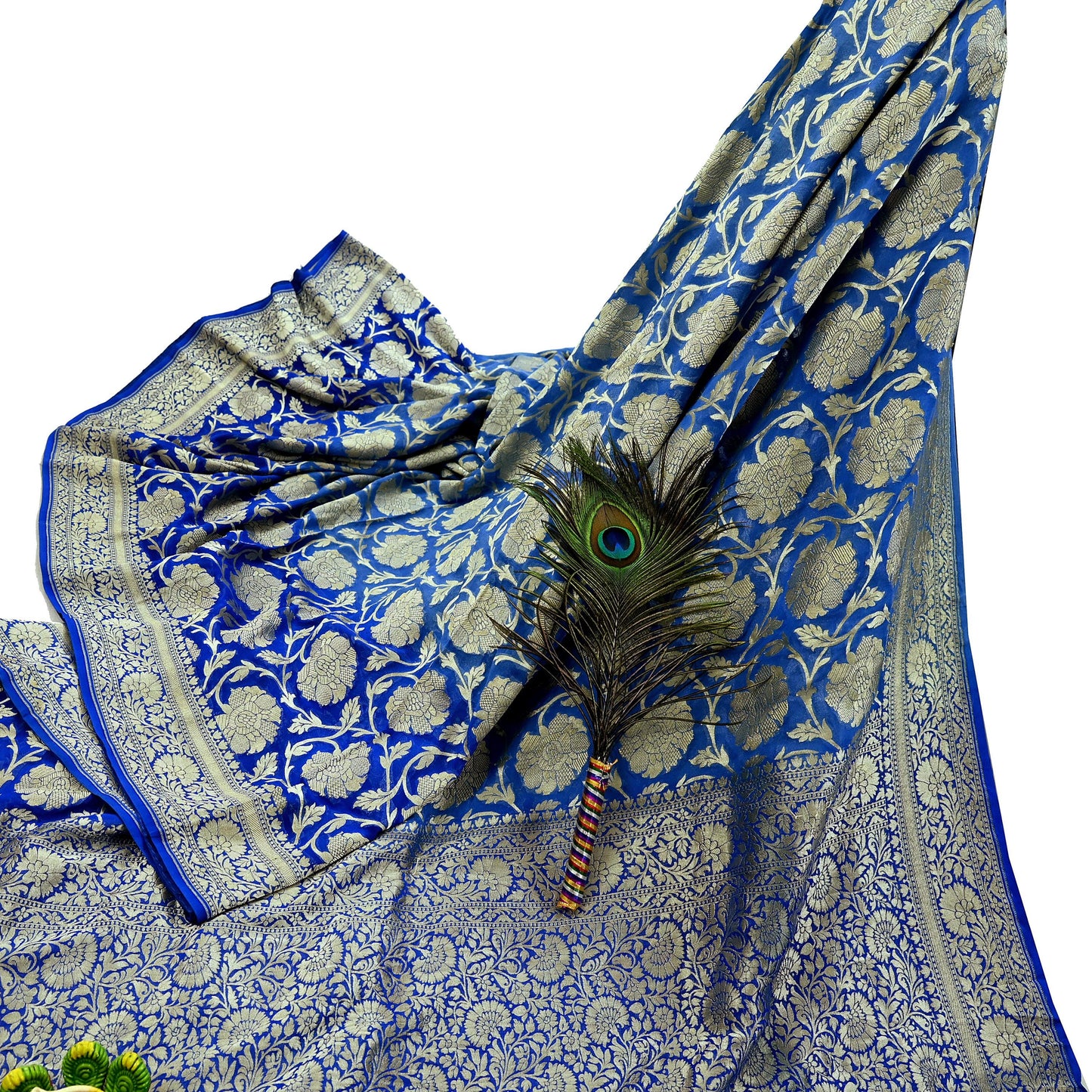 Vintage Heavy Blue Sarees Pure Georgette Silk Hand Woven Sari Craft Fabric 5Yd Sewing Soft Ethnic Zari Dress Making Wedding Sari