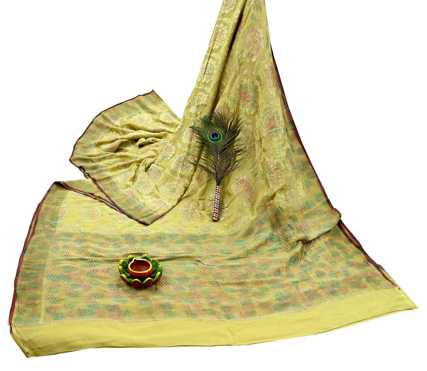 Vintage Heavy Yellow Sarees Pure Georgette Silk Hand Woven Sari Craft Fabric 5Yd Sewing Soft Ethnic Zari Dress Making Wedding Sari