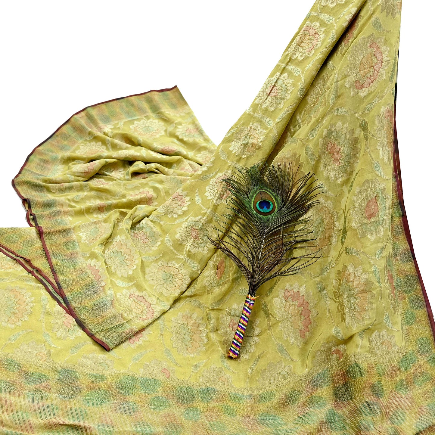 Vintage Heavy Yellow Sarees Pure Georgette Silk Hand Woven Sari Craft Fabric 5Yd Sewing Soft Ethnic Zari Dress Making Wedding Sari