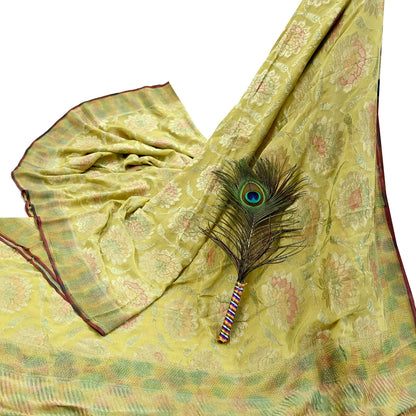 Vintage Heavy Yellow Sarees Pure Georgette Silk Hand Woven Sari Craft Fabric 5Yd Sewing Soft Ethnic Zari Dress Making Wedding Sari