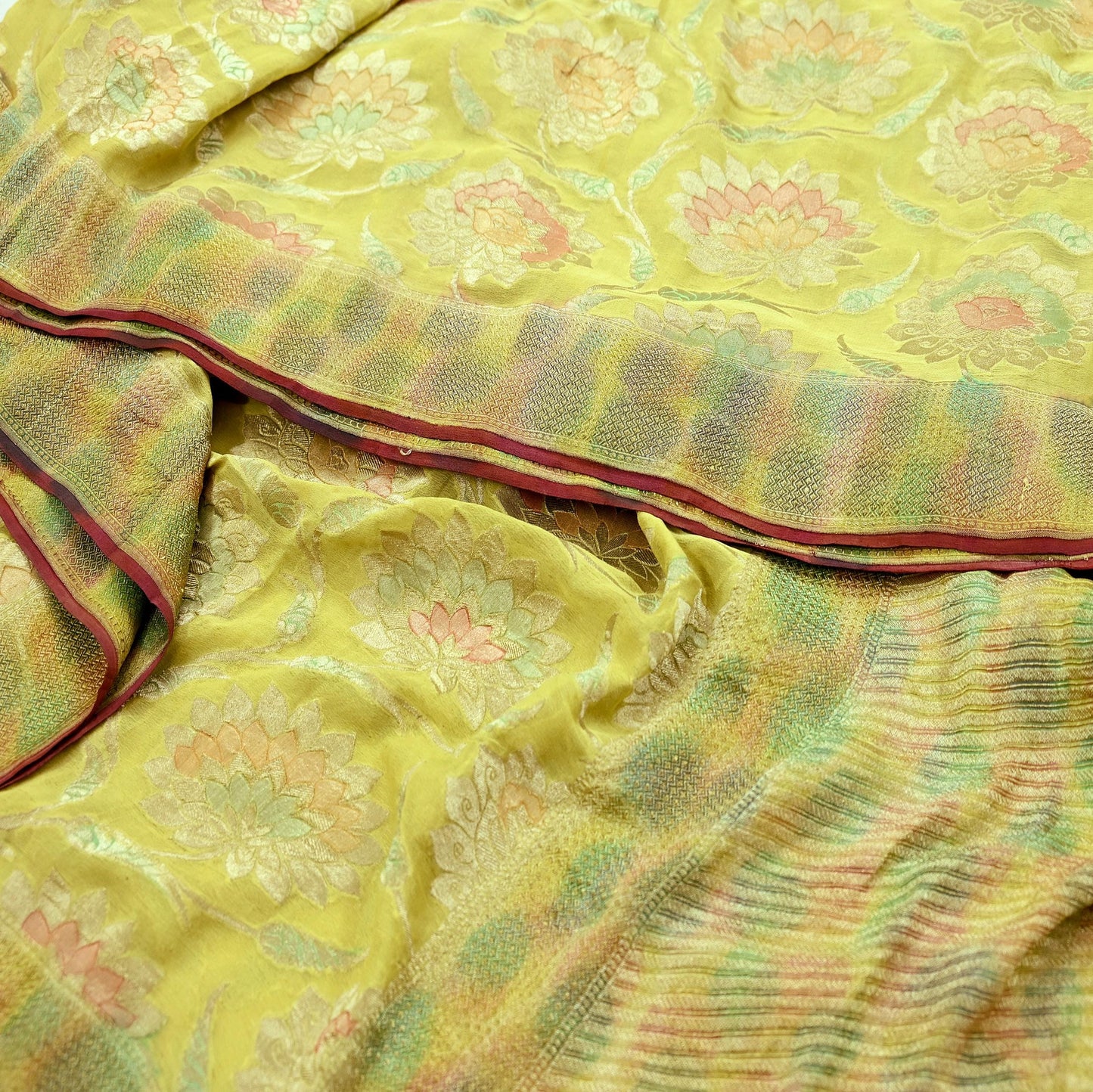 Vintage Heavy Yellow Sarees Pure Georgette Silk Hand Woven Sari Craft Fabric 5Yd Sewing Soft Ethnic Zari Dress Making Wedding Sari