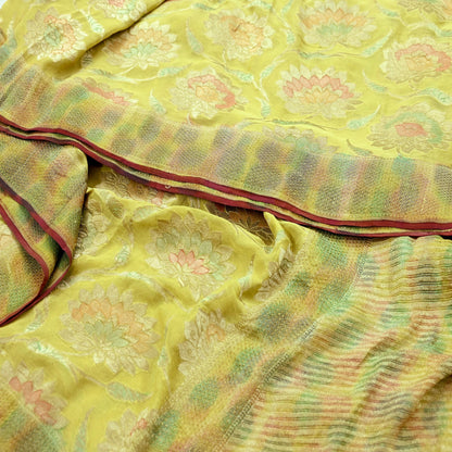 Vintage Heavy Yellow Sarees Pure Georgette Silk Hand Woven Sari Craft Fabric 5Yd Sewing Soft Ethnic Zari Dress Making Wedding Sari