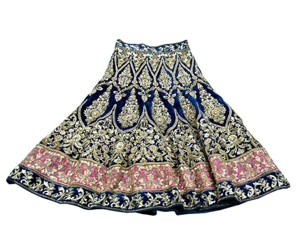 Indian Pre-owned Heavy Wedding Blue Velvet Hand Embroidered Lehenga/Skirt Designer By Manish Malhotra Zardozi Bridal Wear