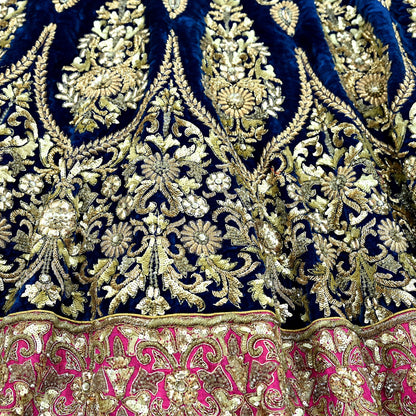 Indian Pre-owned Heavy Wedding Blue Velvet Hand Embroidered Lehenga/Skirt Designer By Manish Malhotra Zardozi Bridal Wear